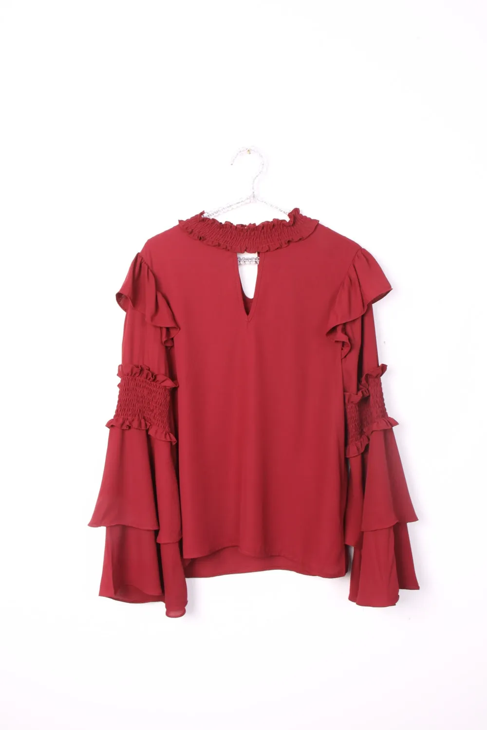 Ruffle Rushed Elastic Sleeves Blouse Top