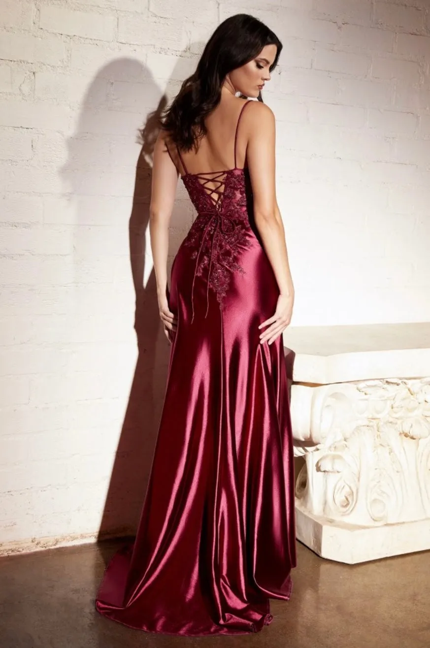 SATIN LACE SLIT MAXI DRESS