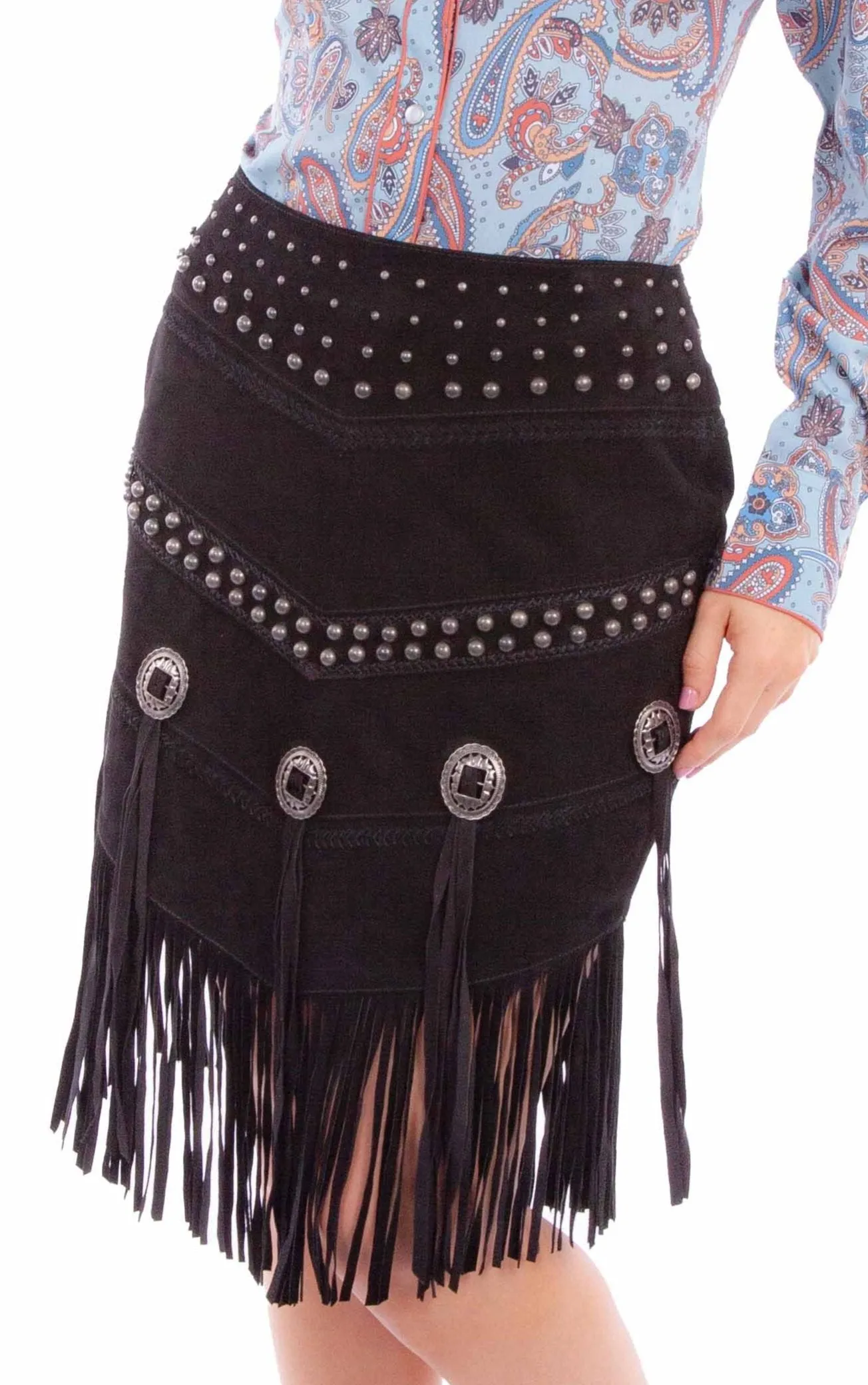 Scully Women's Black Suede Leather Concho and Stud Fringed Skirt  L1106