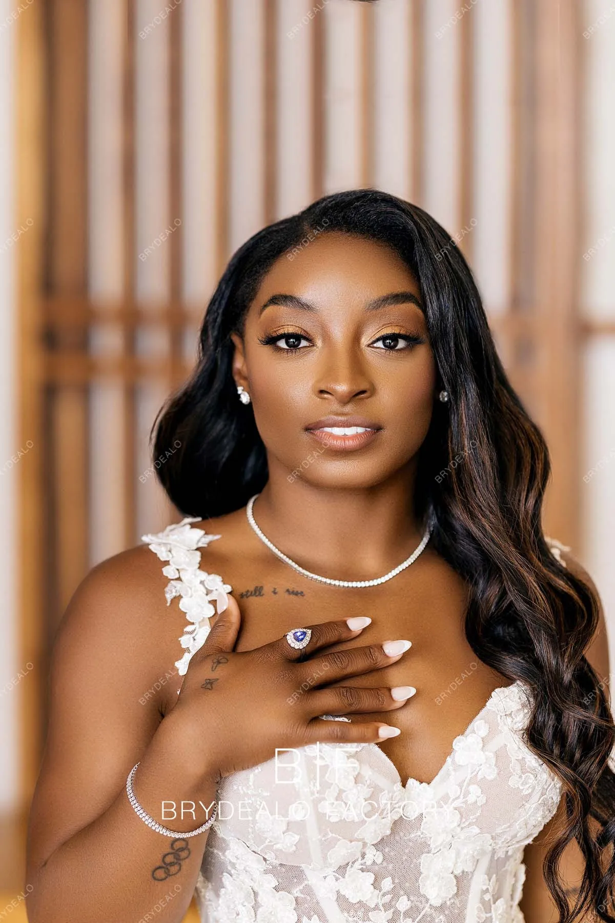 Simone Biles Modern Corset Lace Tulle Slit A-line Wedding Dress