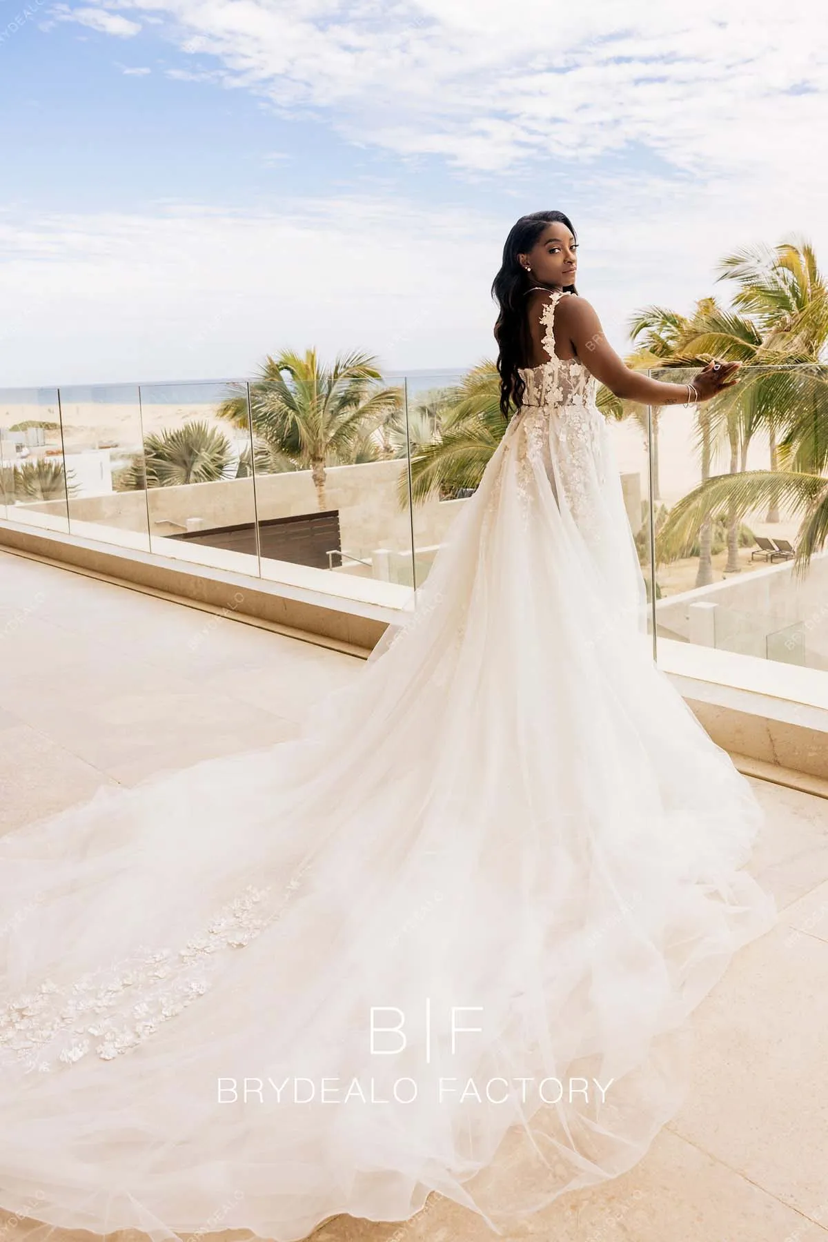 Simone Biles Modern Corset Lace Tulle Slit A-line Wedding Dress