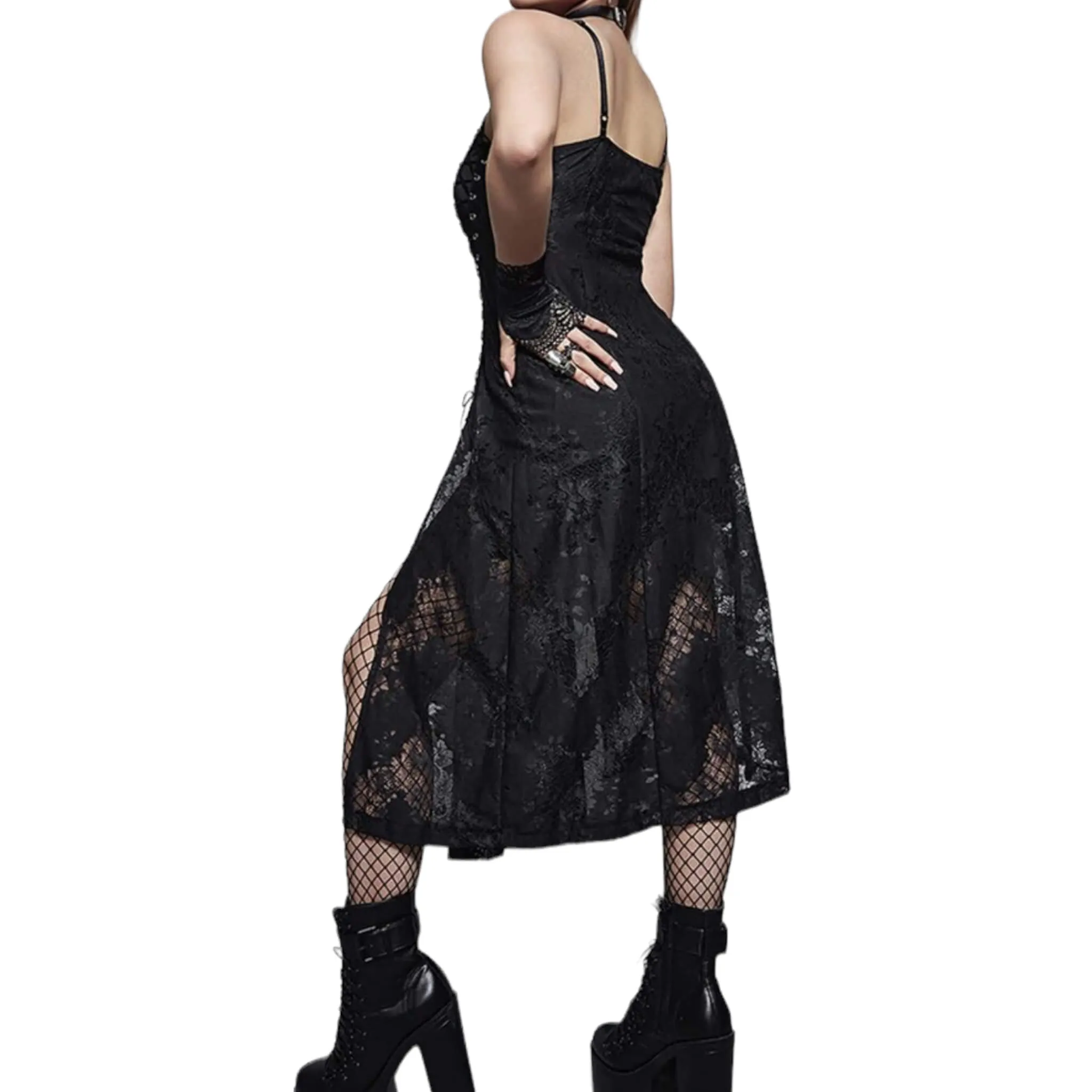 Sleeveless Black Lace-Up Overlay Midi Dress