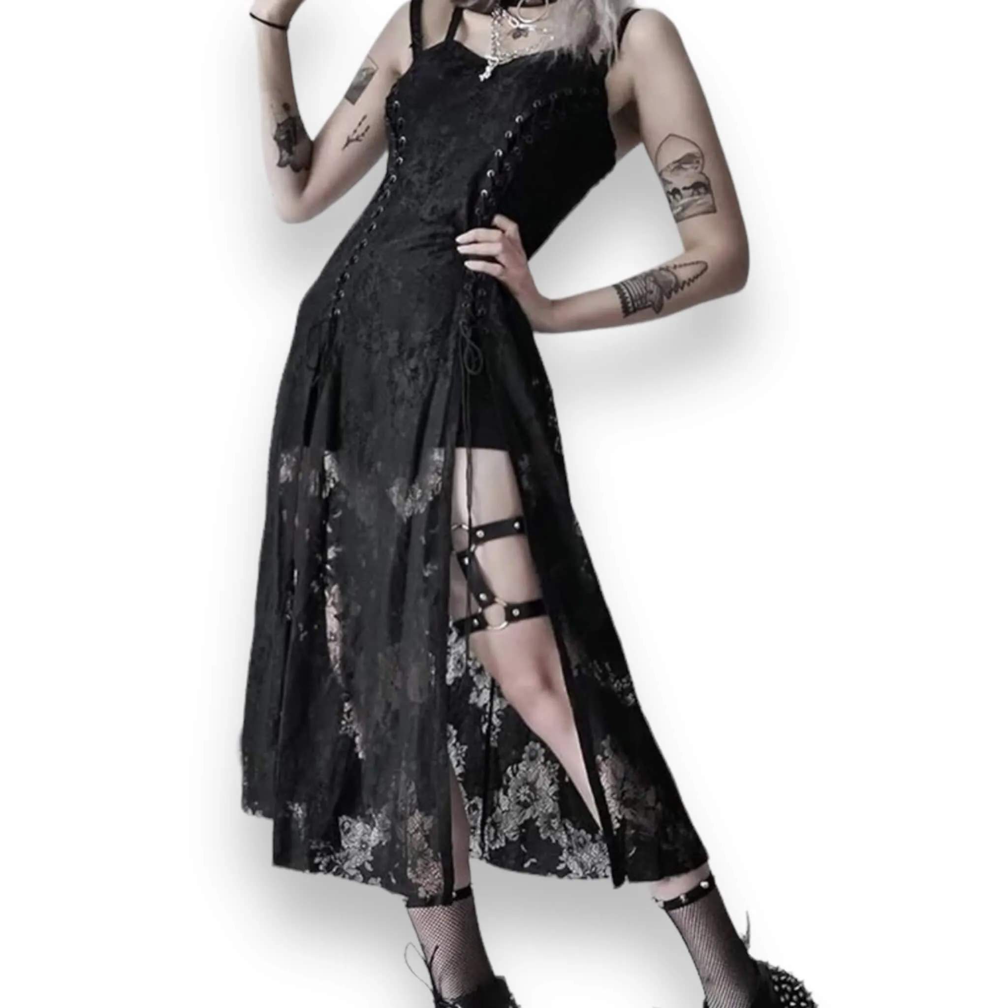 Sleeveless Black Lace-Up Overlay Midi Dress