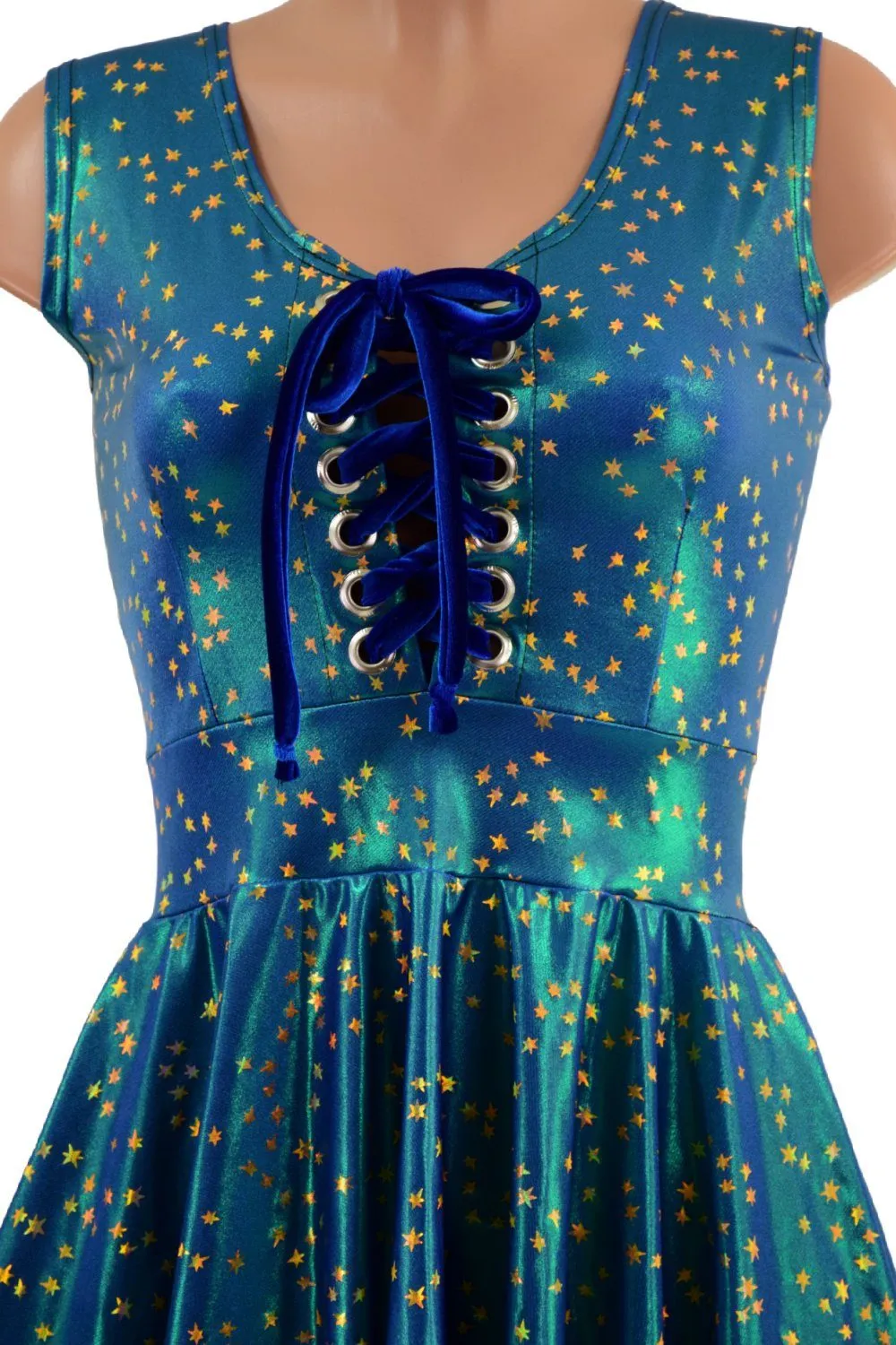 Sleeveless Stardust Skater Dress with Lace Up Bodice