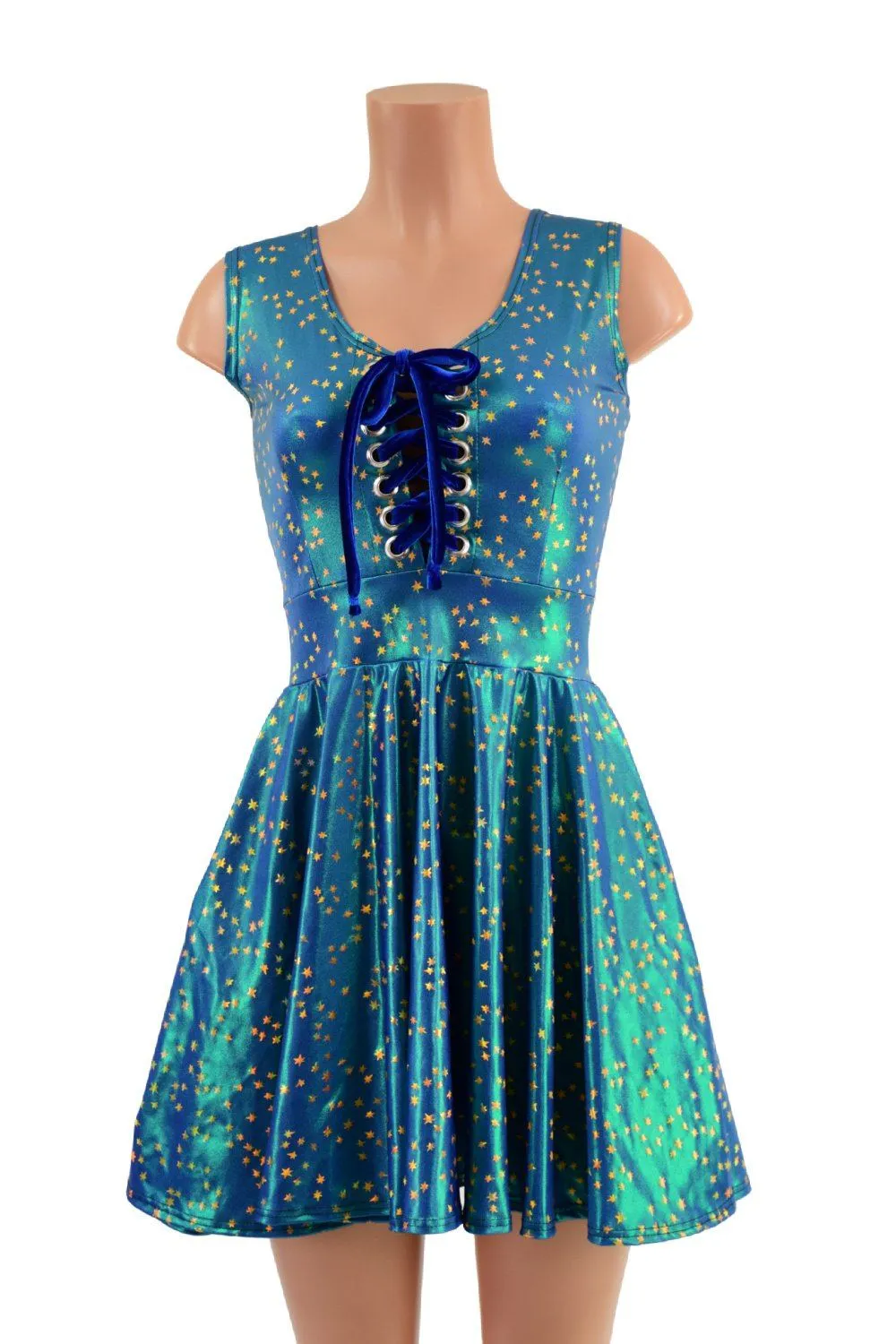 Sleeveless Stardust Skater Dress with Lace Up Bodice