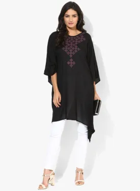 Solid Black Embroidered Kaftan Top - (Final Sale)