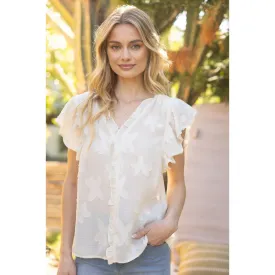 Stevie Ivory  Ruffle Neck Button Front Floral Burn Out VOY Top