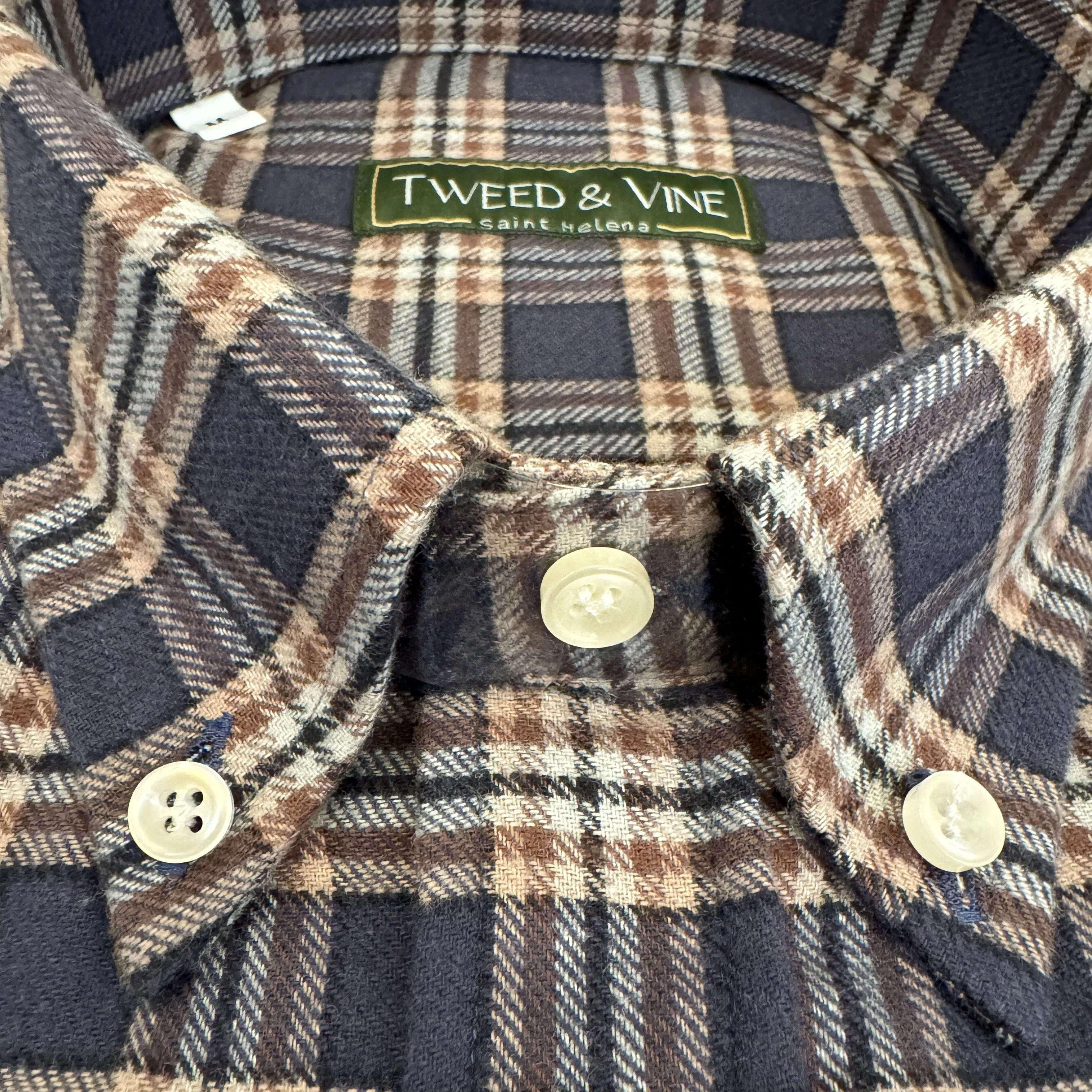 T&V Classic Brushed Cotton BD Shirt in Navy/Brown Plaid