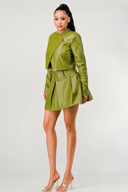 TEEK - Green Button Up Pu Leather jacket Skirt Set