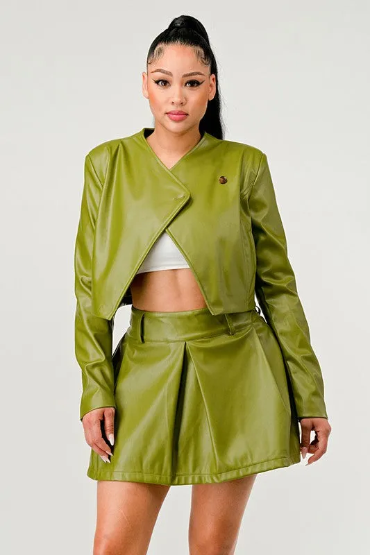 TEEK - Green Button Up Pu Leather jacket Skirt Set