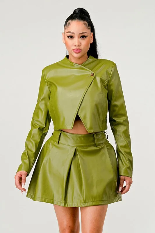 TEEK - Green Button Up Pu Leather jacket Skirt Set