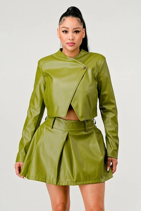 TEEK - Green Button Up Pu Leather jacket Skirt Set