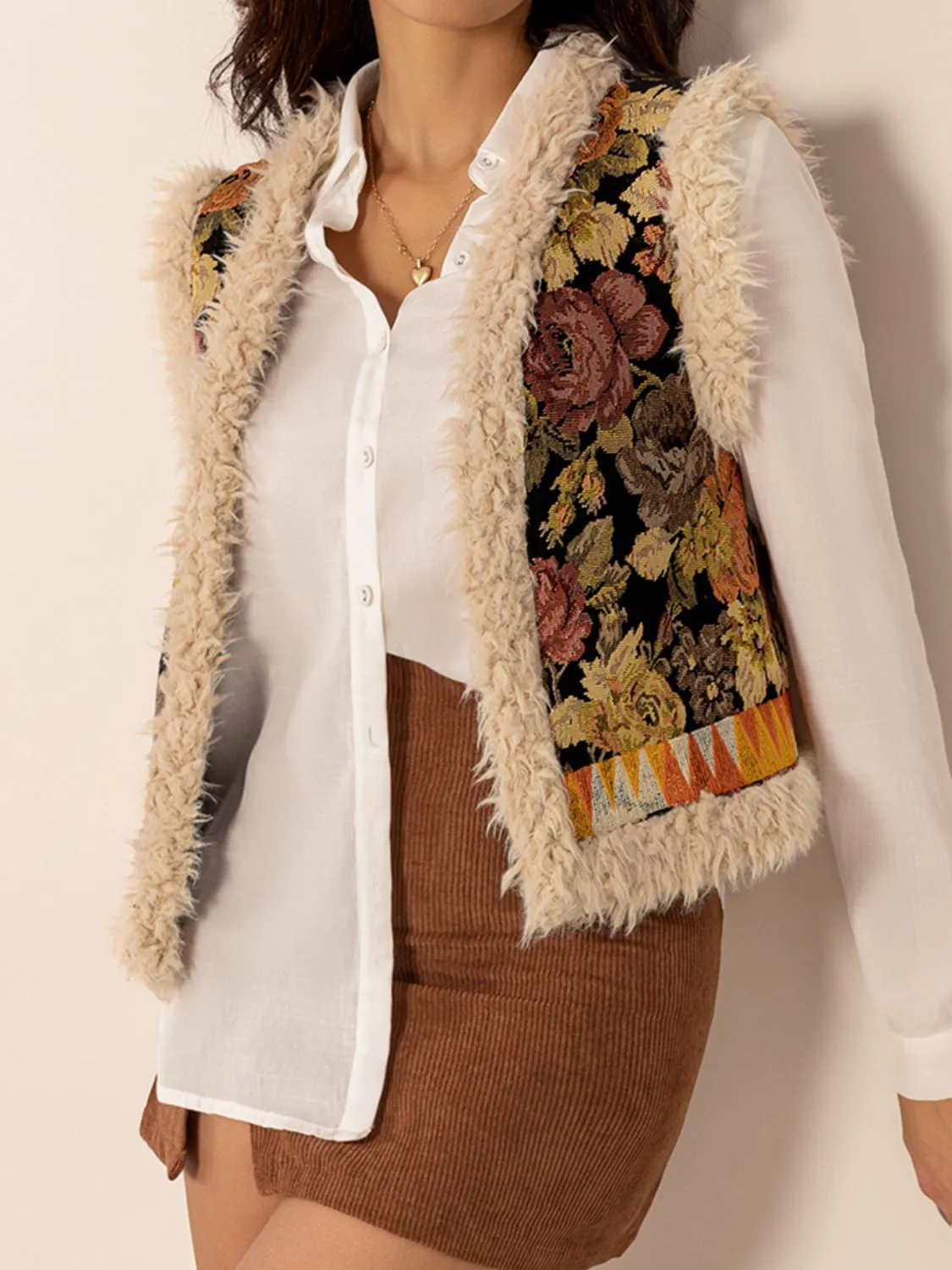 TEEK - Multicolored Embroidered Fuzzy Trim Open Front Vest