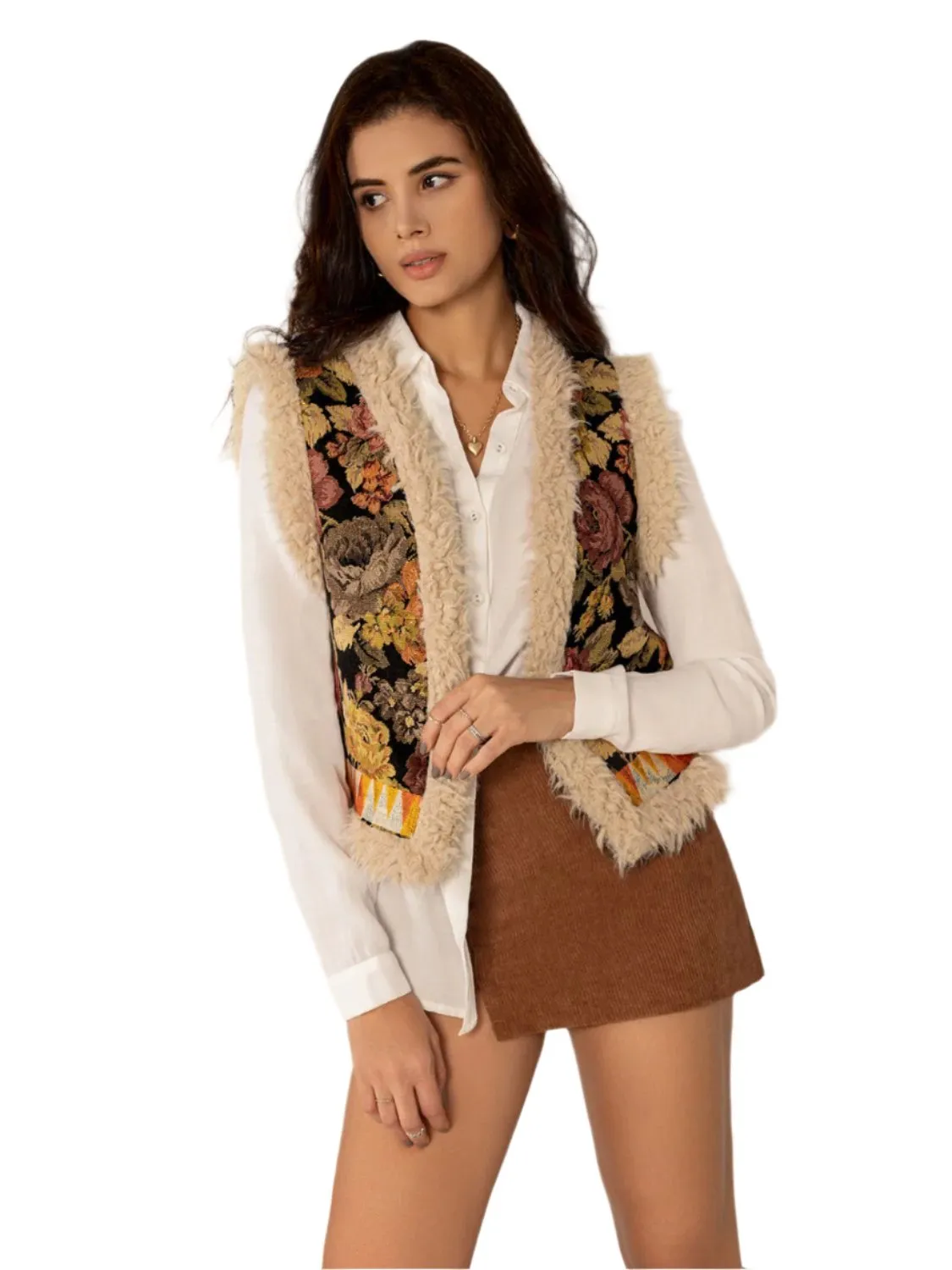 TEEK - Multicolored Embroidered Fuzzy Trim Open Front Vest