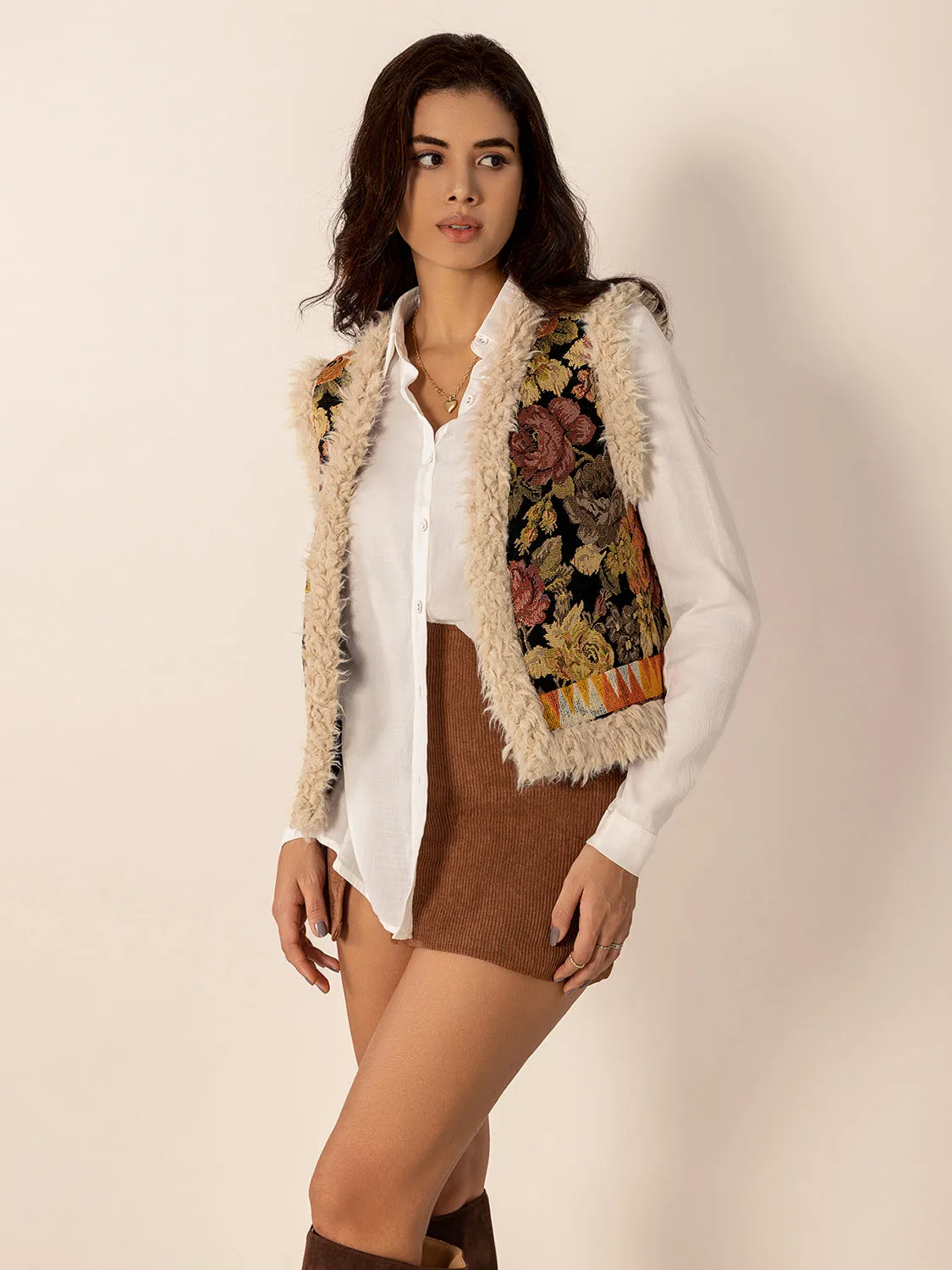 TEEK - Multicolored Embroidered Fuzzy Trim Open Front Vest