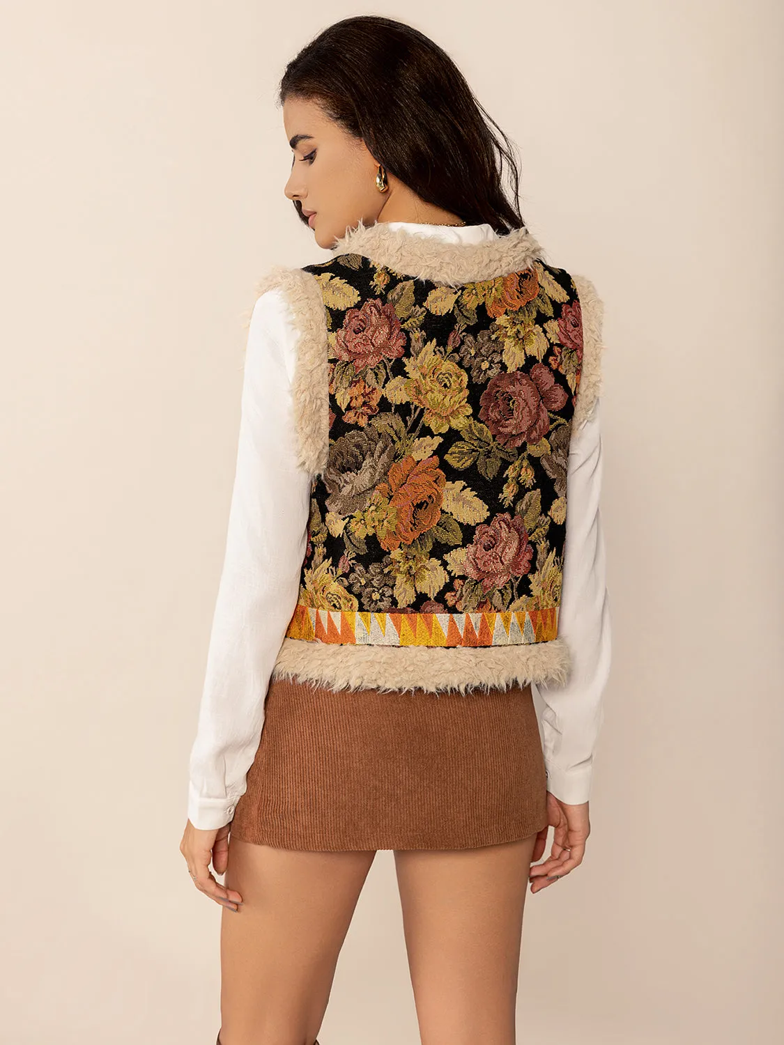 TEEK - Multicolored Embroidered Fuzzy Trim Open Front Vest