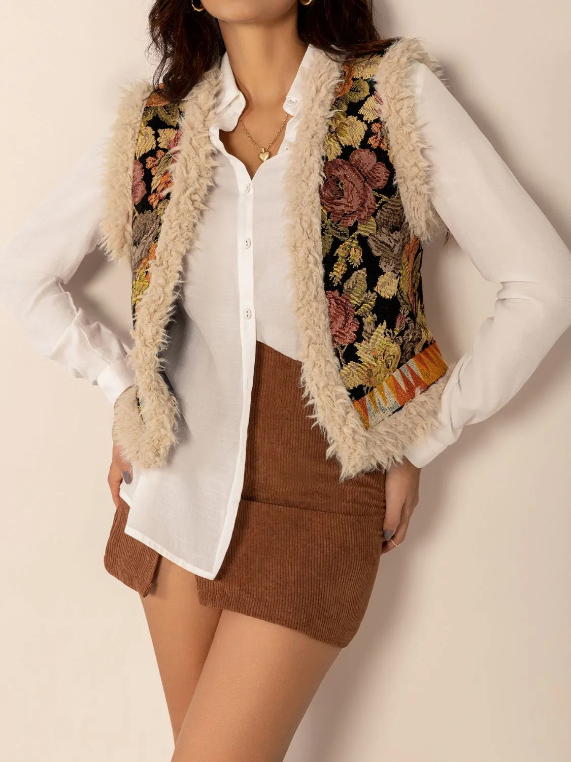 TEEK - Multicolored Embroidered Fuzzy Trim Open Front Vest