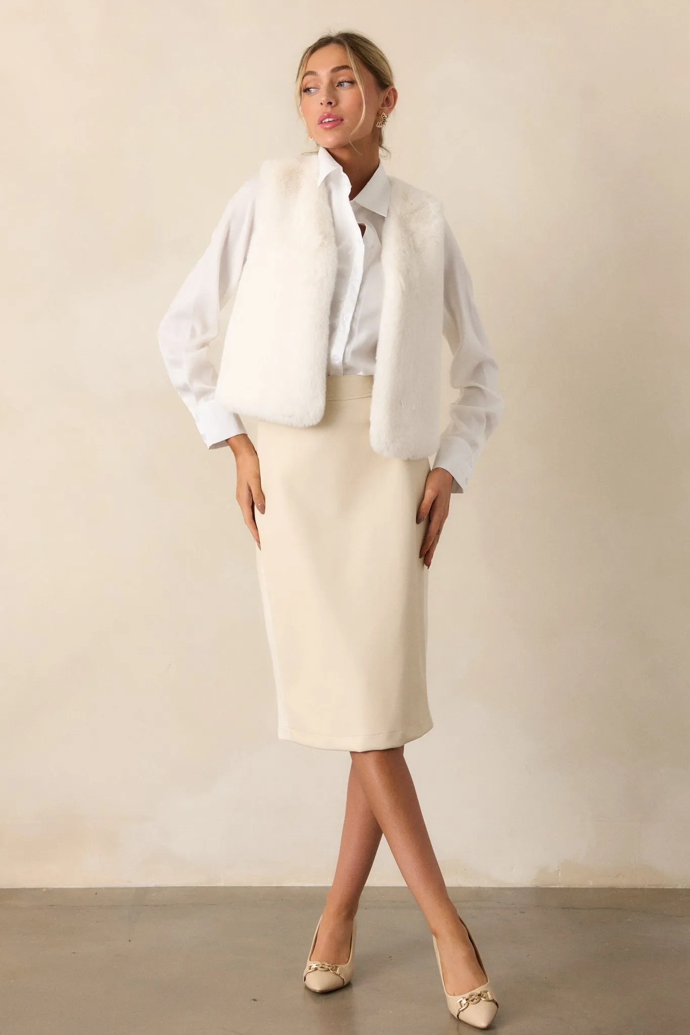 Through The Fog Ivory Faux Leather Midi Skirt