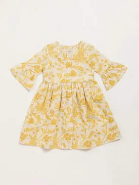 Utsa Kids Mustard Floral Print Button-Down Dress (2 - 8yrs)