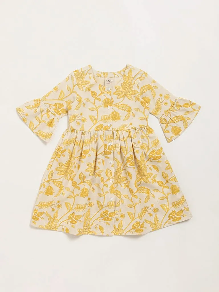 Utsa Kids Mustard Floral Print Button-Down Dress (2 - 8yrs)