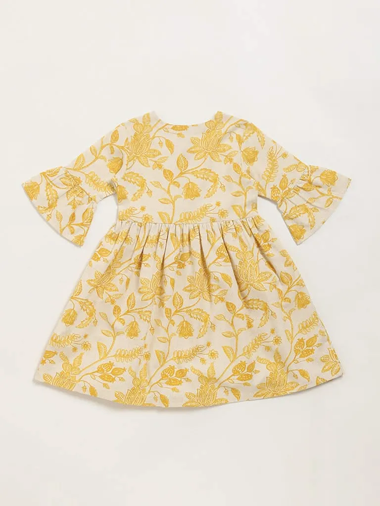 Utsa Kids Mustard Floral Print Button-Down Dress (2 - 8yrs)