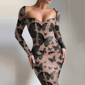 V-neck butterfly print fashion long-sleeved tight-fitting sexy hip skirt