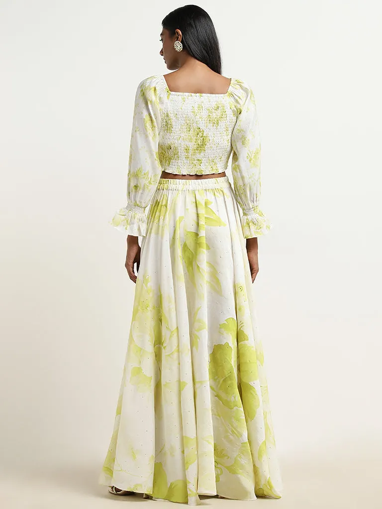 Vark Lime Floral Smocked Top and Skirt Set