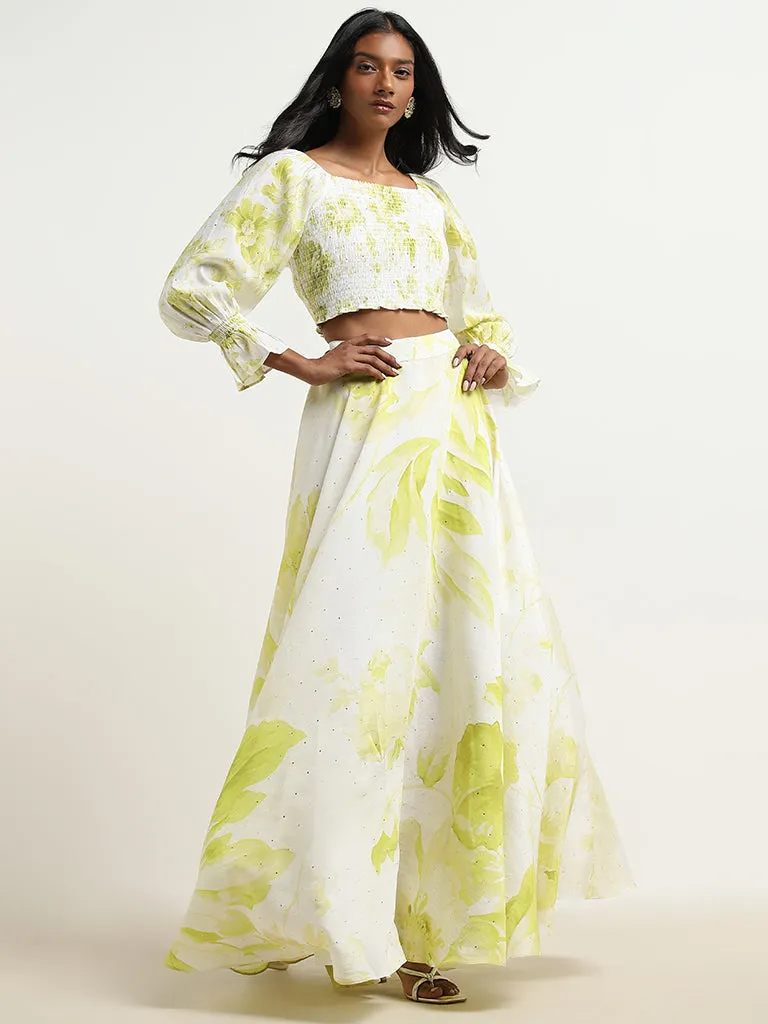 Vark Lime Floral Smocked Top and Skirt Set