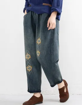 Vintage Embroidered Washed Denim Pants