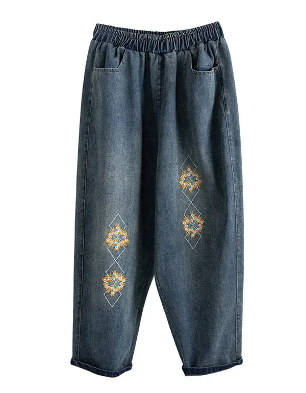 Vintage Embroidered Washed Denim Pants