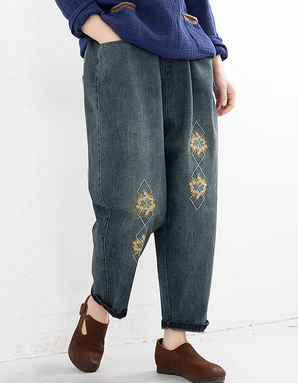 Vintage Embroidered Washed Denim Pants