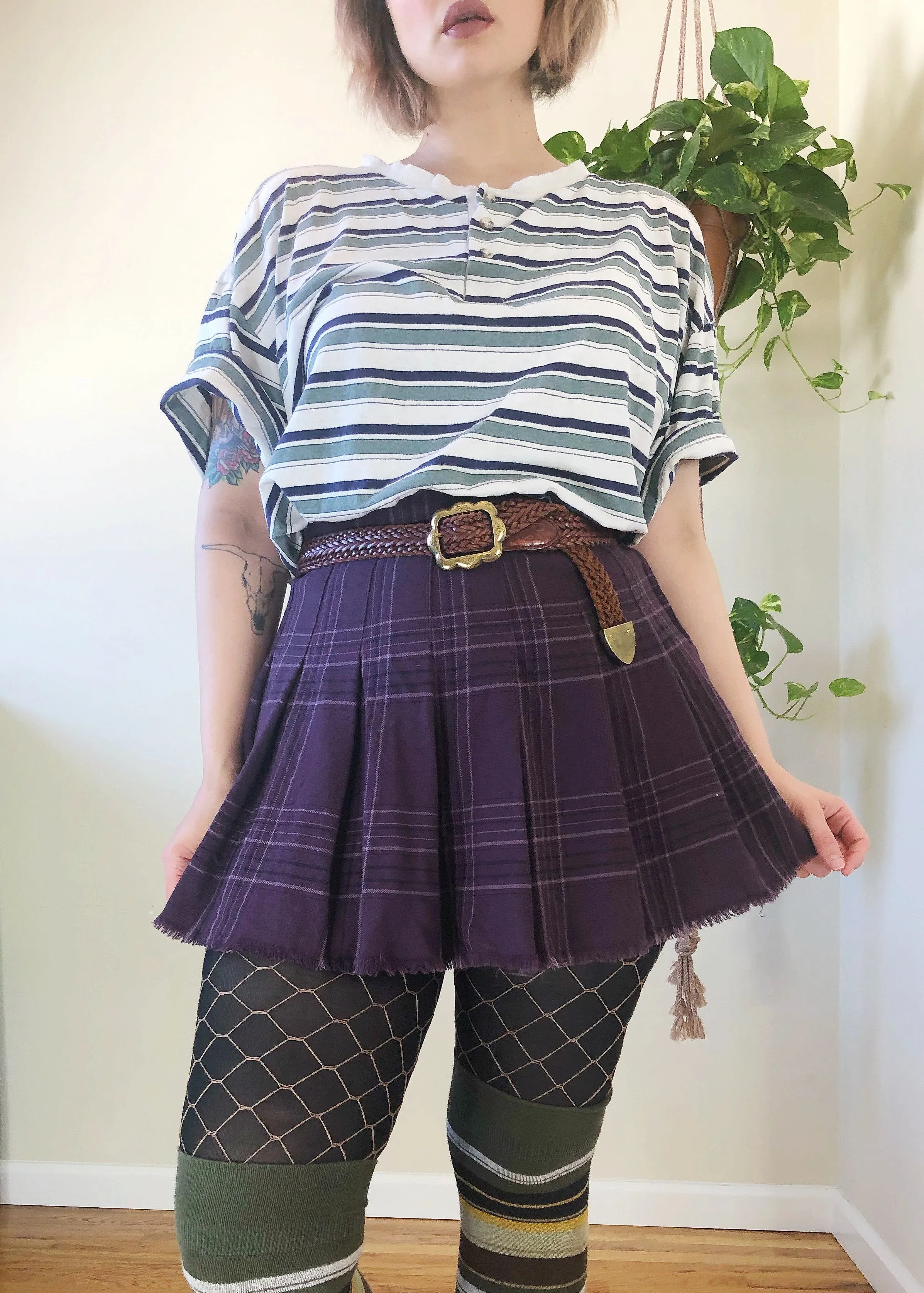 Vintage Raw Hem Purple Plaid Mini - L