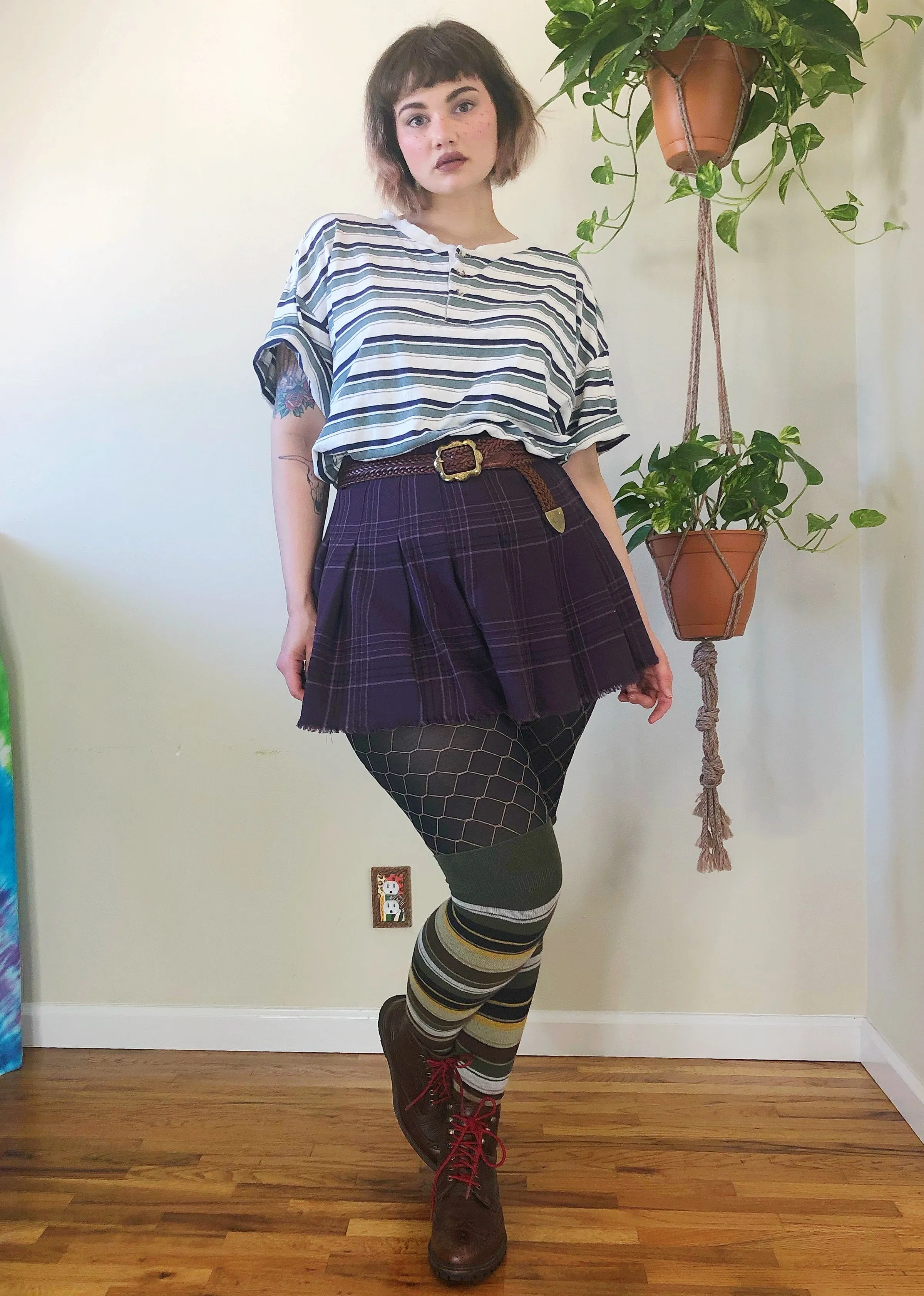 Vintage Raw Hem Purple Plaid Mini - L