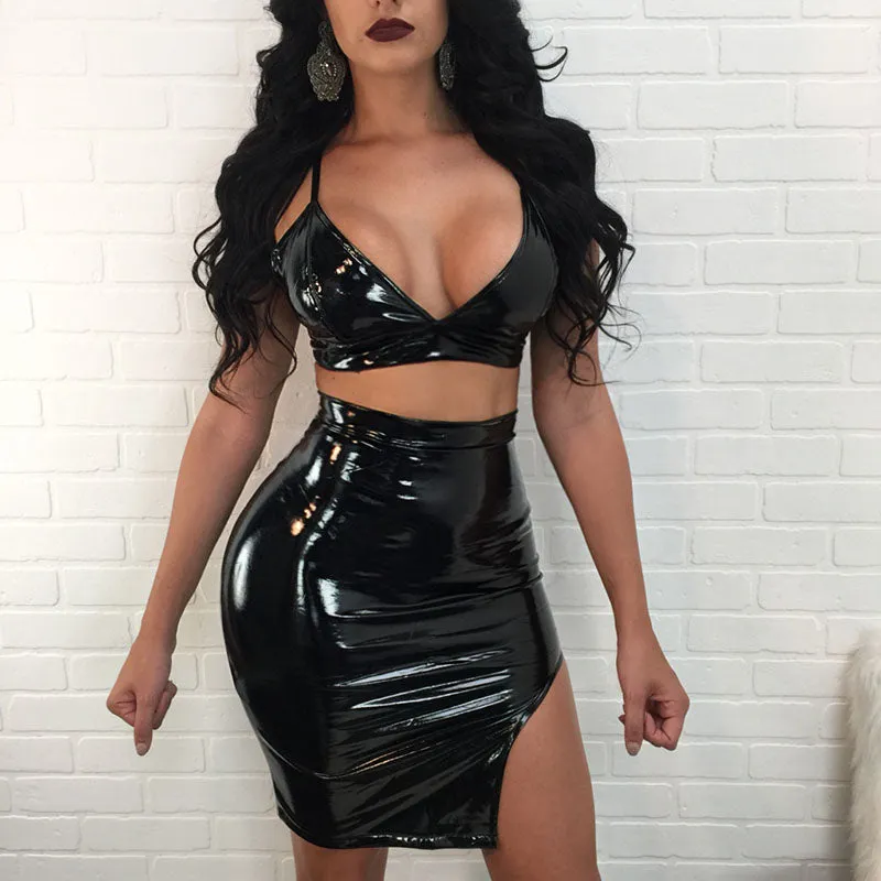 “Wet dreams” latex leather style 2 piece crop top skirt set