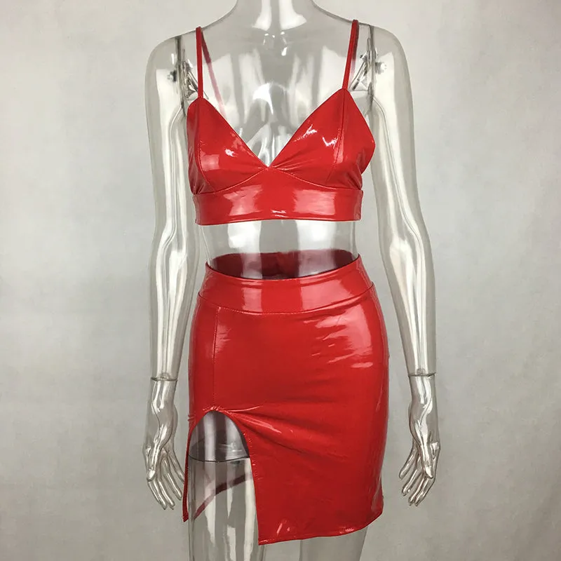 “Wet dreams” latex leather style 2 piece crop top skirt set