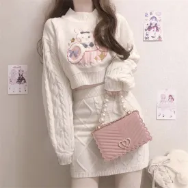 White Bunny Rabbit Embroidery Knit Sweater Skirt Two Piece Set