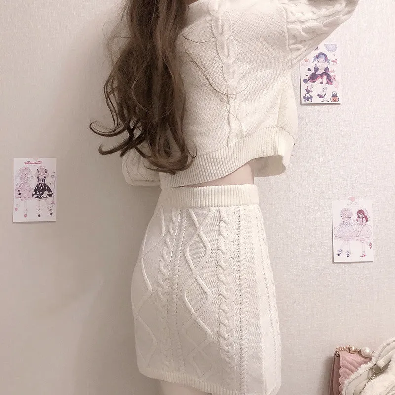 White Bunny Rabbit Embroidery Knit Sweater Skirt Two Piece Set