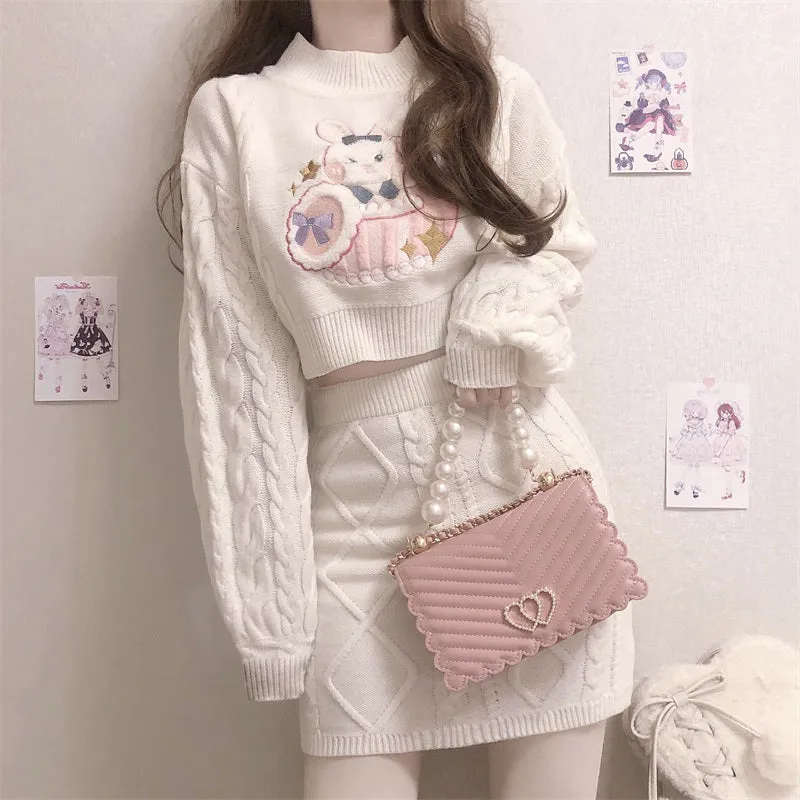 White Bunny Rabbit Embroidery Knit Sweater Skirt Two Piece Set