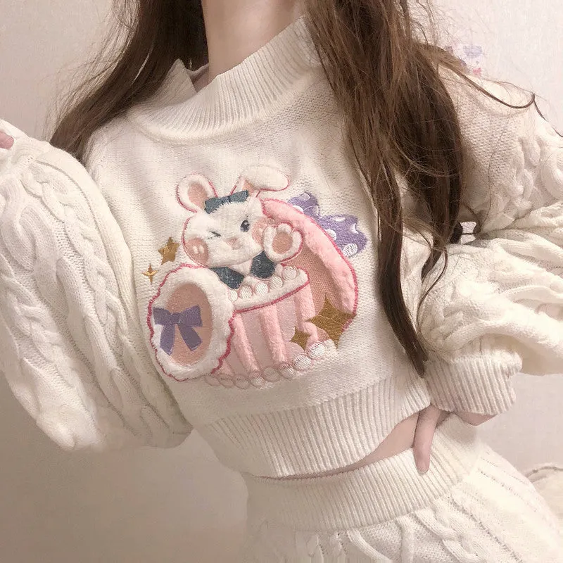 White Bunny Rabbit Embroidery Knit Sweater Skirt Two Piece Set