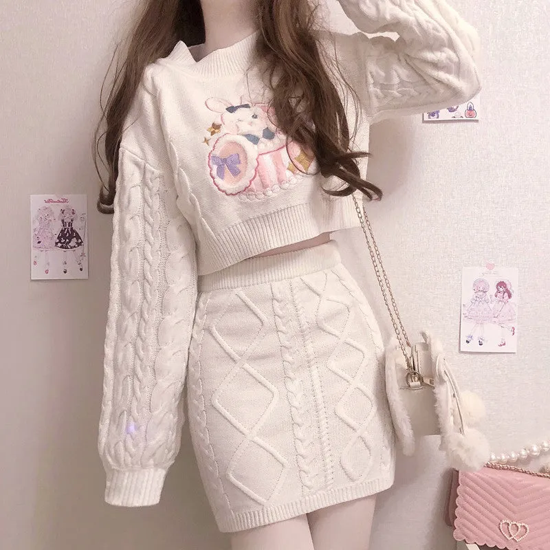 White Bunny Rabbit Embroidery Knit Sweater Skirt Two Piece Set