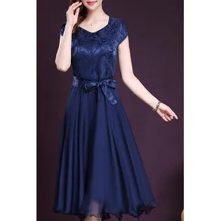 Women Silk Printed Top Bow Waist Prom Dress Blue - UWD475