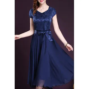 Women Silk Printed Top Bow Waist Prom Dress Blue - UWD475