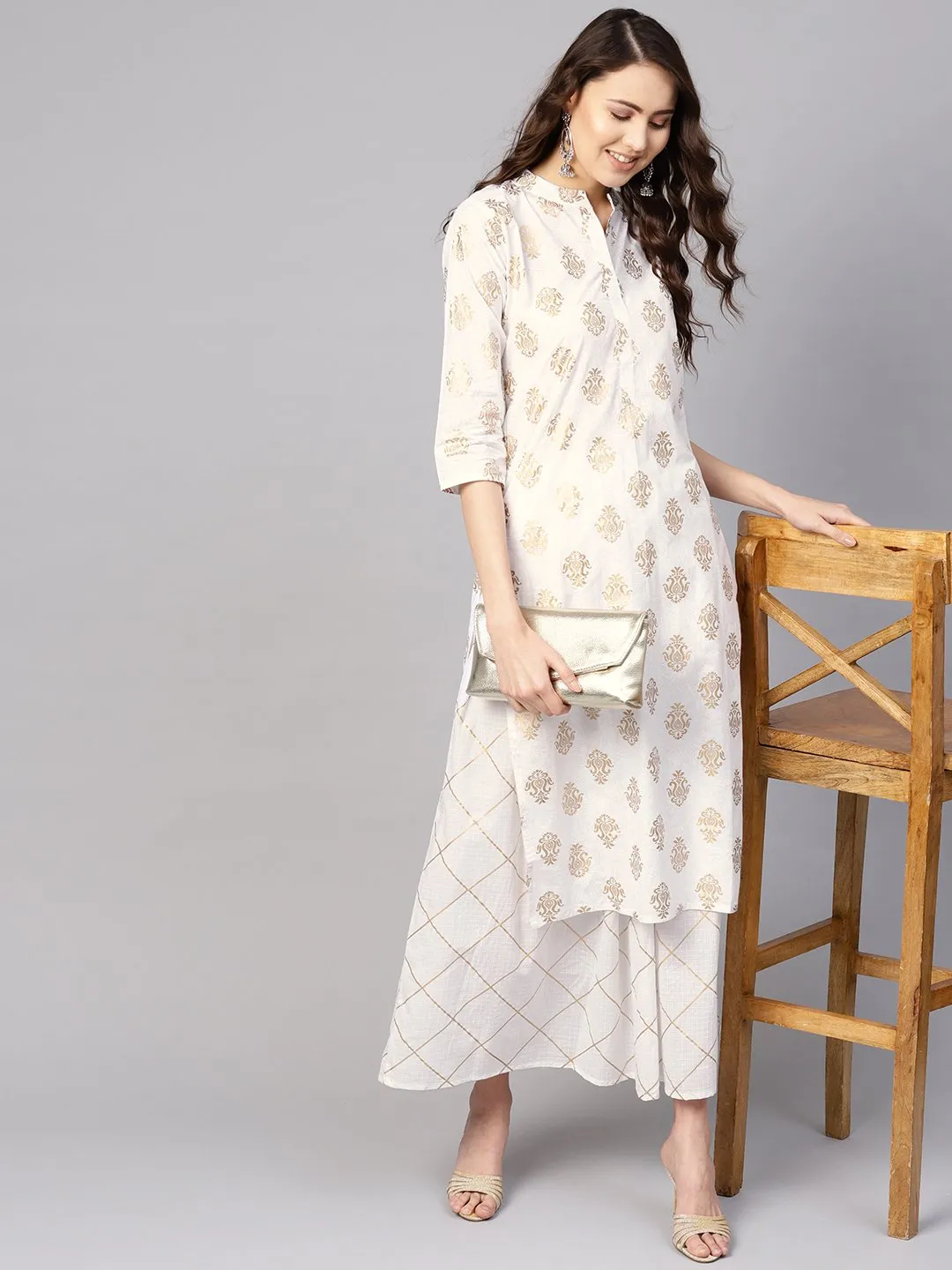 Women White & Golden Printed Kurta With Skirt