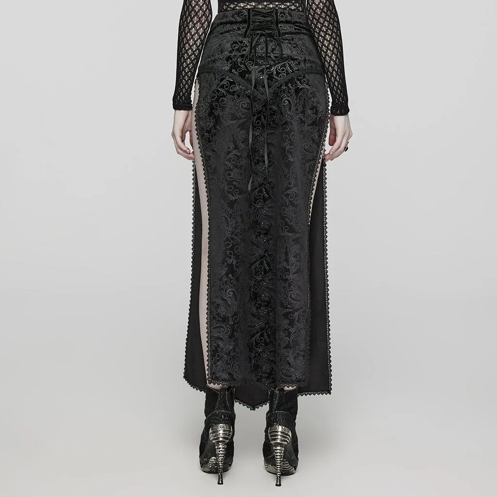 Women's Gothic Jacquard Side Slit Lace-Up Long Skirt