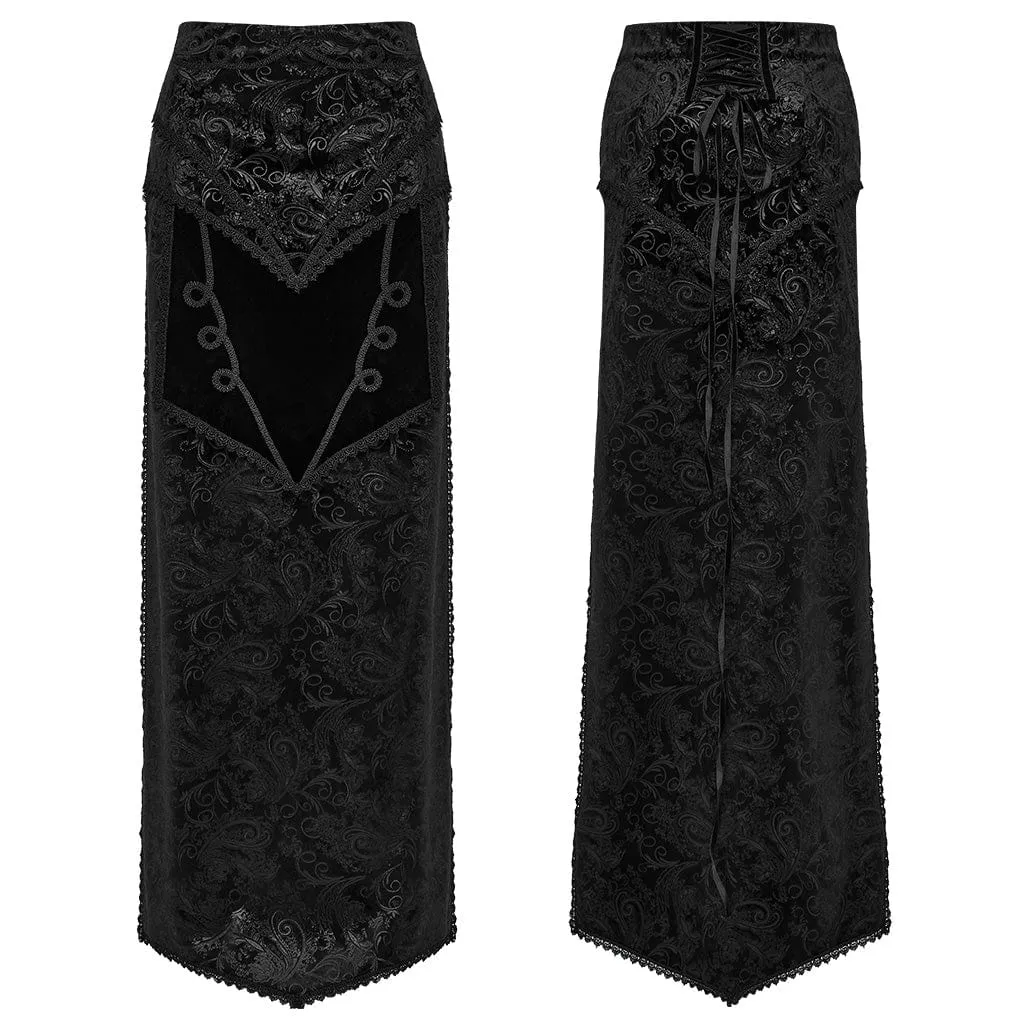 Women's Gothic Jacquard Side Slit Lace-Up Long Skirt